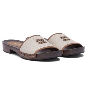 Miu Miu Logo Canvas & Leather Trim Clogs 30 MM Slides Sandals wood US 8 or 9 New